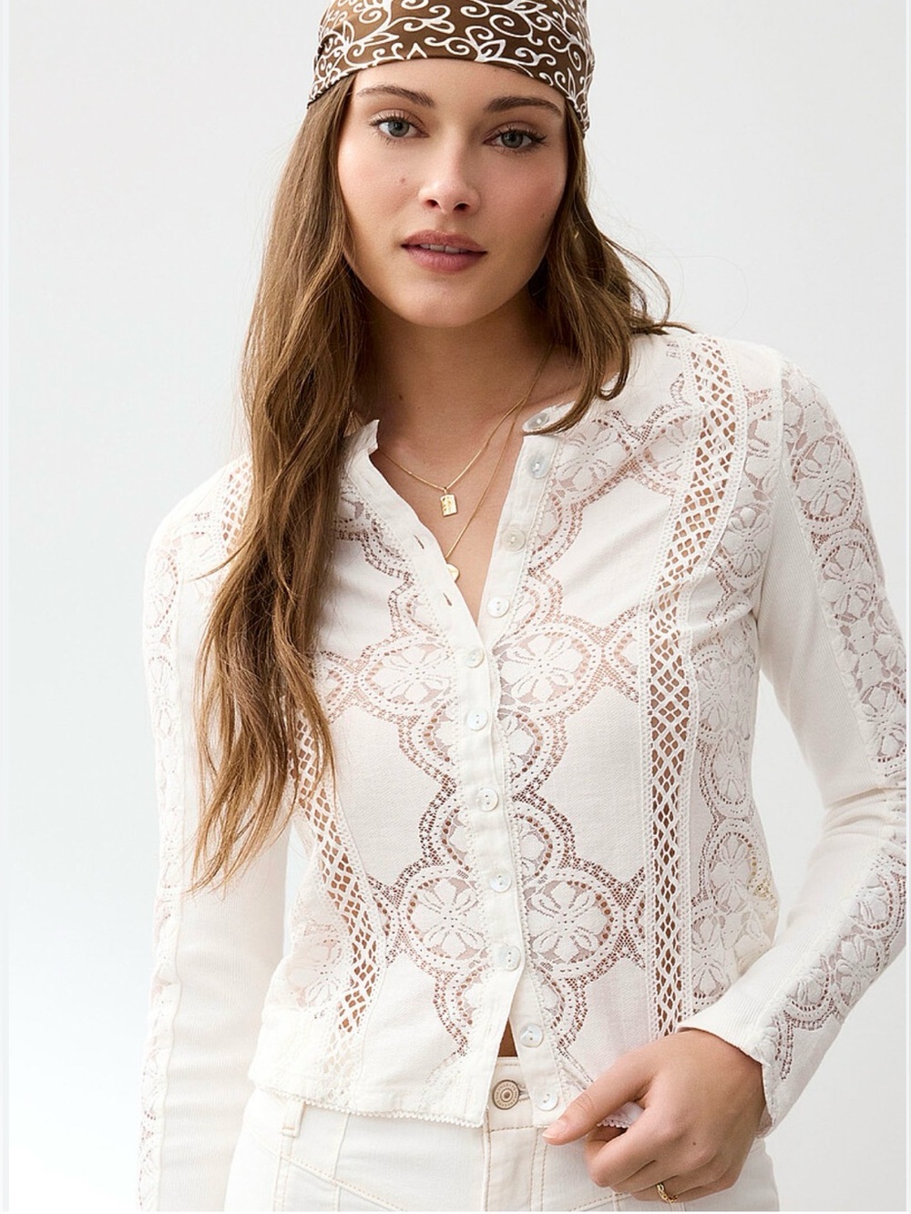 FREE PEOPLE Jae Sheer Lace Knit Long Sleeve Top size small